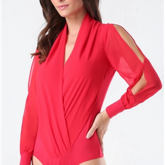 Bebe Cutout Sleeve Silk Wrap Bodysuit Teaberry XS - Picture 4 of 15
